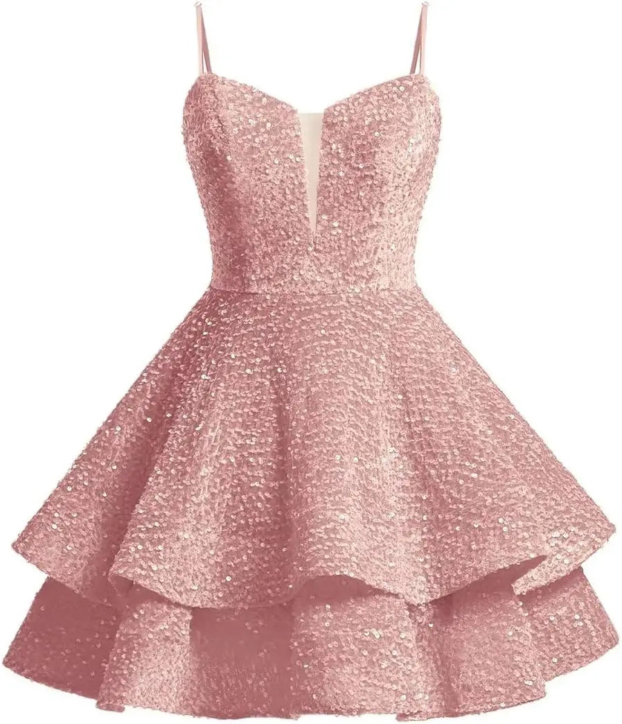 Vestidos de fiesta cortos con lentejuelas brillantes para adolescentes, de Pretty Girls Club, 2025, con tirantes finos, minivestido de cóctel formal con capas 