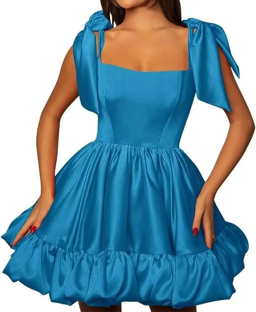 Women’s A-line Puffy Straps Sleeveless Formal Party Gown Teens Satin Short Homecoming Cocktails Dress