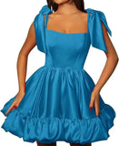Women’s A-line Puffy Straps Sleeveless Formal Party Gown Teens Satin Short Homecoming Cocktails Dress