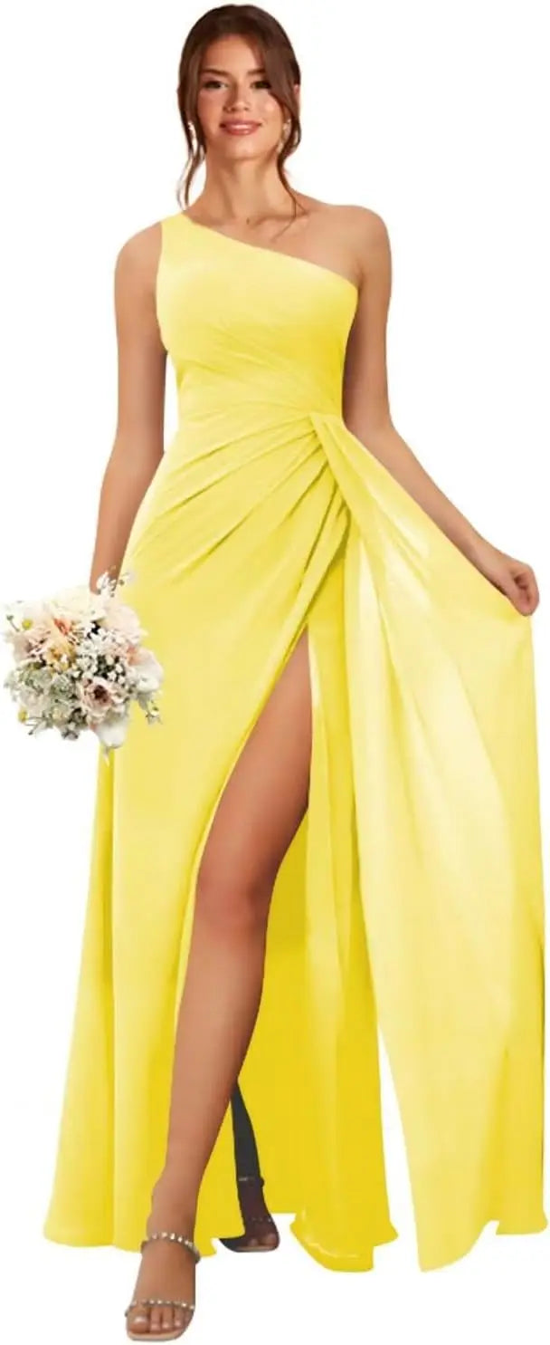 One Shoulder Bridesmaid Dresses for Women Long Ruched Chiffon A Line Formal Evening Dress with Slit prom dresses