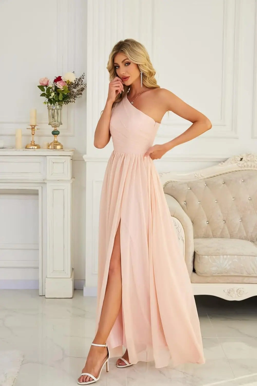 Women's One Shoulder Bridesmaid Dresses for Wedding Chiffon Side Split Reched Formal Evening Dress Sleeveless