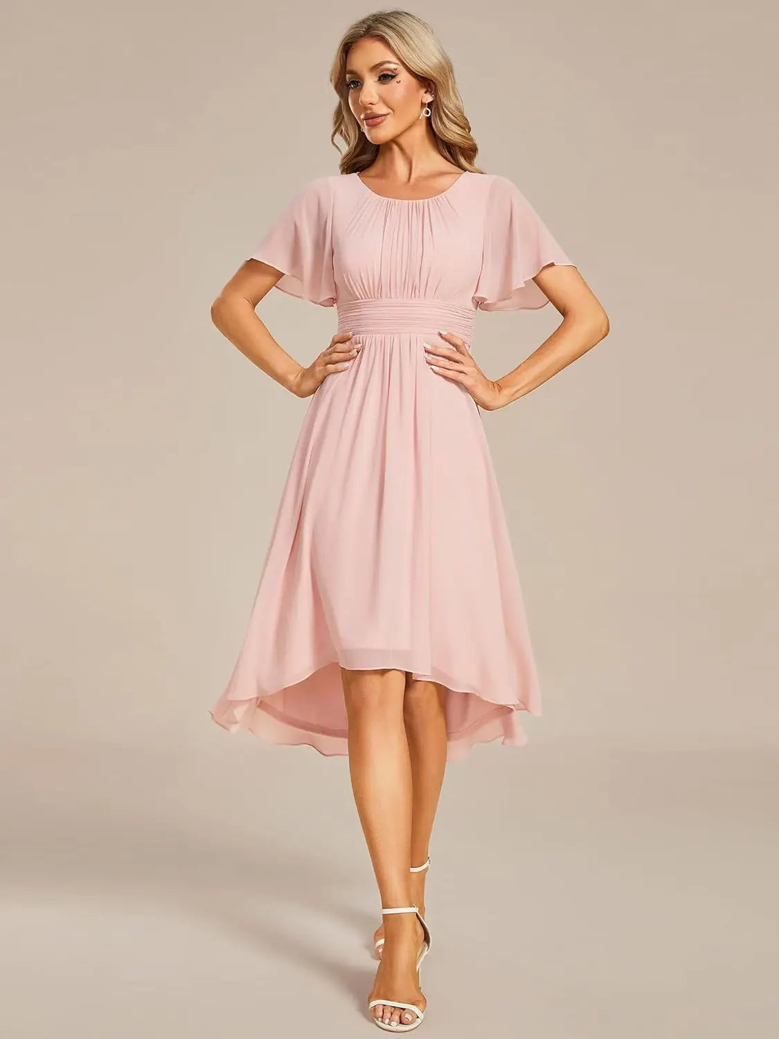 Vestido de gasa con cuello redondo y cintura plisada para mujer, manga corta, para invitada de boda, dama de honor, fiesta, graduación 