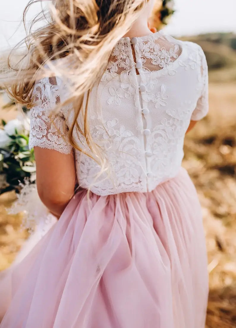 Vestido de niña de las flores Belle Flower Girl, vestido para niña de las flores, vestido de encaje para niña de las flores, falda larga de tul estilo bohemio, vestido de princesa en cascada 