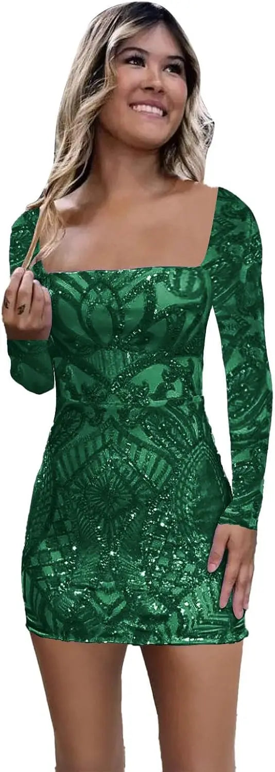 Vestidos de fiesta de manga larga con lentejuelas y encaje para mujer, cortos, ajustados, brillantes, con escote cuadrado, para cóctel o fiesta. 