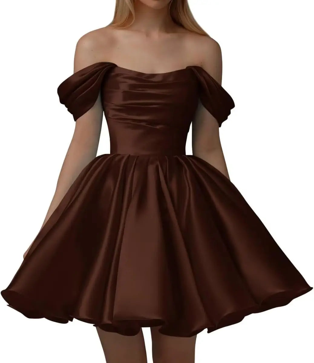 Vestidos de fiesta de satén con hombros descubiertos para mujer, corte A, cortos, plisados, sin tirantes, para boda y fiesta. 
