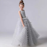 Gray Tulle Appliques Tiered Long Skirt Sleeveless For Wedding Birthday Party Banquet Princess Gowns Flower Girl Dresses