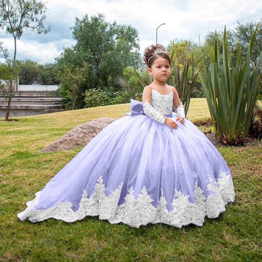 Volle Ärmel Bodenlangen Elegante Mädchen Kinder Geburtstag Party Kommunion Party Kleid Spitze Applikationen Blumenmädchen Kleider für Hochzeit 