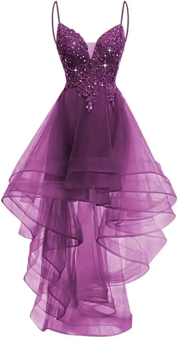 Lace Applique Homecoming Dresses 2025 High Low Spaghetti Straps Tulle Short Prom Dress for Teens Glitter Quinceanera Dress Gowns
