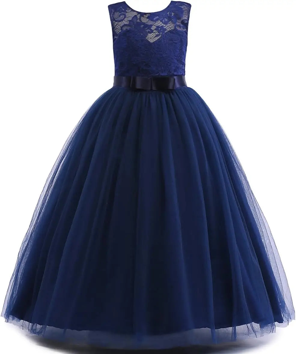 Vestido de dama de honor de encaje para niñas de flores, elegante vestido de princesa de tul largo de línea A, vestido de fiesta de boda para desfile 