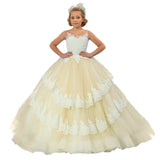 Vestido de princesa para banquete de fiesta de cumpleaños, personalizado, para niña de las flores, con apliques de encaje azul cielo y blanco, escalonado, sin mangas, para boda 