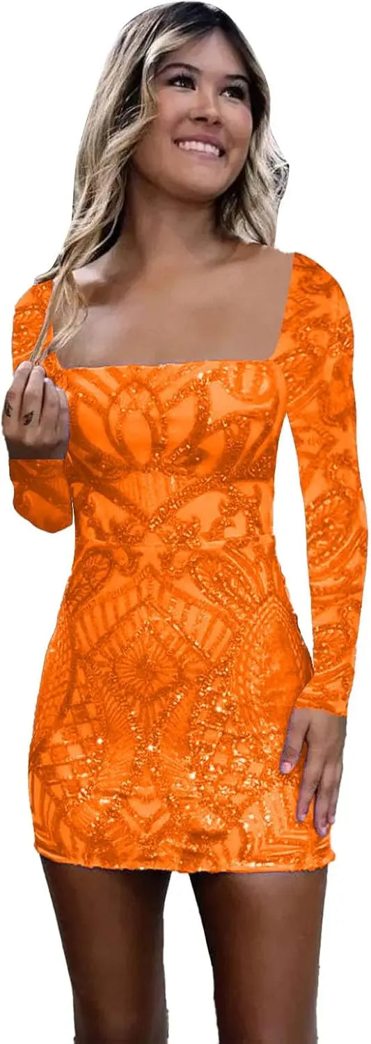 Vestidos de fiesta de manga larga con lentejuelas y encaje para mujer, cortos, ajustados, brillantes, con escote cuadrado, para cóctel o fiesta. 