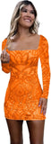 Vestidos de fiesta de manga larga con lentejuelas y encaje para mujer, cortos, ajustados, brillantes, con escote cuadrado, para cóctel o fiesta. 