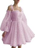 Hübsches Herz, kurzes Tüll-Heimkehrkleid für Teenager, Puffärmel, Mini-Spaghettiträger, formelles Abendkleid, Party-Cocktailkleid 