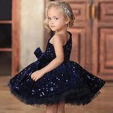 Navy Blue Tulle Sequin With Bow Single Shoulder For Wedding Birthday Party Holy Communion Gown Customized Flower Girl Dresses