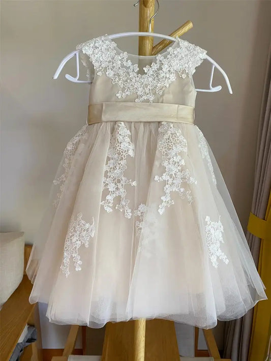 Vestidos de niña de flores de tul con encaje para bodas, vestido de niña de cumpleaños con ilusión y apliques de encaje, vestido de princesa con tutú para niñas de concurso 