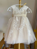 Vestidos de niña de flores de tul con encaje para bodas, vestido de niña de cumpleaños con ilusión y apliques de encaje, vestido de princesa con tutú para niñas de concurso 
