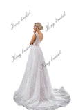 Vestido de novia de encaje con lentejuelas y espalda descubierta, escote en V profundo, tul bordado con cristales y perlas, vestido de novia personalizado 