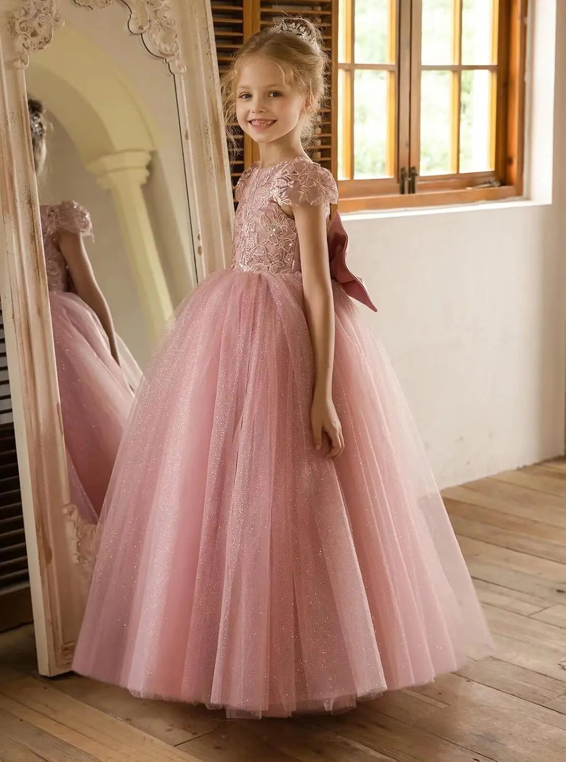 Flower Girls Lace Cap Sleeve Dress for Wedding Puffy Tulle Back V-Neck Pageant Prom Ball Gown with Bow princess dress