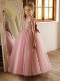 Flower Girls Lace Cap Sleeve Dress for Wedding Puffy Tulle Back V-Neck Pageant Prom Ball Gown with Bow princess dress