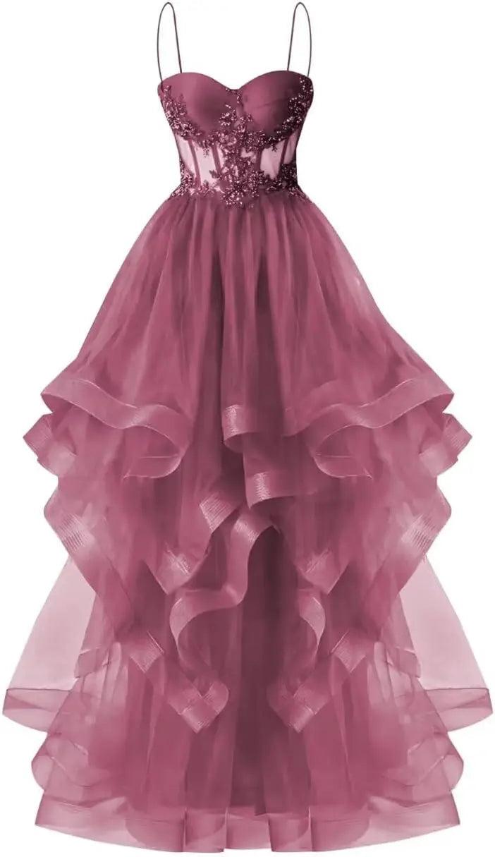 Custom Made Tulle Prom Dresses for Women 2025 Spaghetti Straps Ball Gowns Lace Applique Layered Quinceanera Dresses ball gown