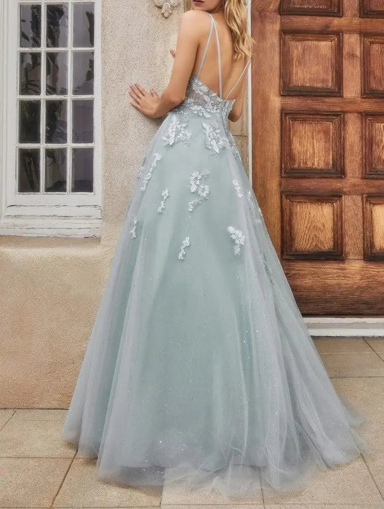 Glitzernde Tüll-Ballkleider für Teenager, Spitzenapplikationen, Perlenbesetzte lange Ballkleider, Spaghettiträger, formelle Kleider, schlichtes Hochzeitskleid 