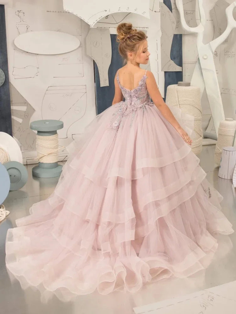 Vestidos de princesa para banquetes de fiesta de cumpleaños, vestidos de niña de las flores de tul rosa polvoriento con estampado floral escalonado, sin mangas para boda 