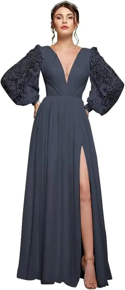 Langärmliges Brautjungfernkleid, Chiffon, Ballkleid, langes Hochzeitskleid mit Spitzenapplikation, V-Ausschnitt, formelle Kleider mit Schlitz 