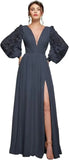 Langärmliges Brautjungfernkleid, Chiffon, Ballkleid, langes Hochzeitskleid mit Spitzenapplikation, V-Ausschnitt, formelle Kleider mit Schlitz 