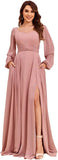 Damen Langarm Brautjungfernkleider mit Taschen Split Plissee Chiffon Formales Abendkleid Partykleid formelles Kleid Frauen elegant 
