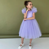 Lila Tüll Puffy mit Reißverschluss Kurzarm für Hochzeit Geburtstag Party Bankett Heilige Kommunion Kleider Blumenmädchenkleider 