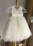 Ivory Lace tulle flower girl dress, illusion birthday girl dress with lace applique girls party dress  princess dress