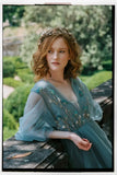 Voluminous tulle bridal Pale blue sleeves wedding dress Fairy hand embroidered  formal dress women elegant evening party dresses