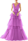 Vestidos de fiesta largos con escote en V doble para mujer, 2025, de tul escalonado, corte A, plisados, formales, para fiesta de noche. 