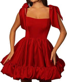 Women’s A-line Puffy Straps Sleeveless Formal Party Gown Teens Satin Short Homecoming Cocktails Dress