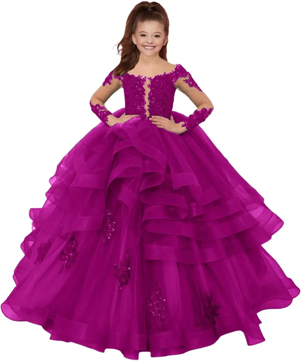 Custom made Princess Long Sleeve Flower Girl Dresses Appliques Ruffles Tulle Pageant Dresses for Girls Kids Party Ball Gowns