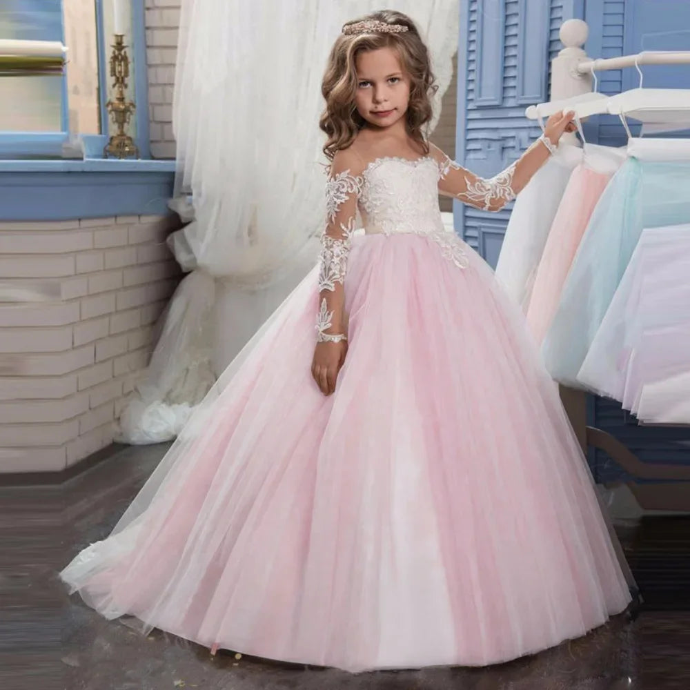 Vestido de tul rosa claro con apliques blancos y manga larga para boda, fiesta de cumpleaños, comunión, personalizado, para niña de las flores 