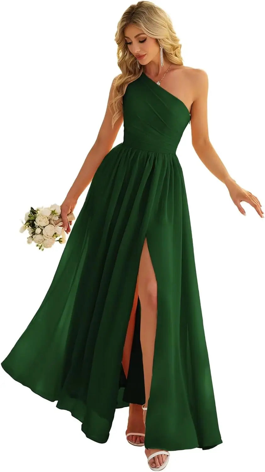 Women's One Shoulder Bridesmaid Dresses for Wedding Chiffon Side Split Reched Formal Evening Dress Sleeveless
