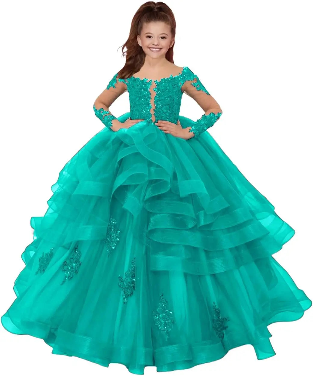 Custom made Princess Long Sleeve Flower Girl Dresses Appliques Ruffles Tulle Pageant Dresses for Girls Kids Party Ball Gowns