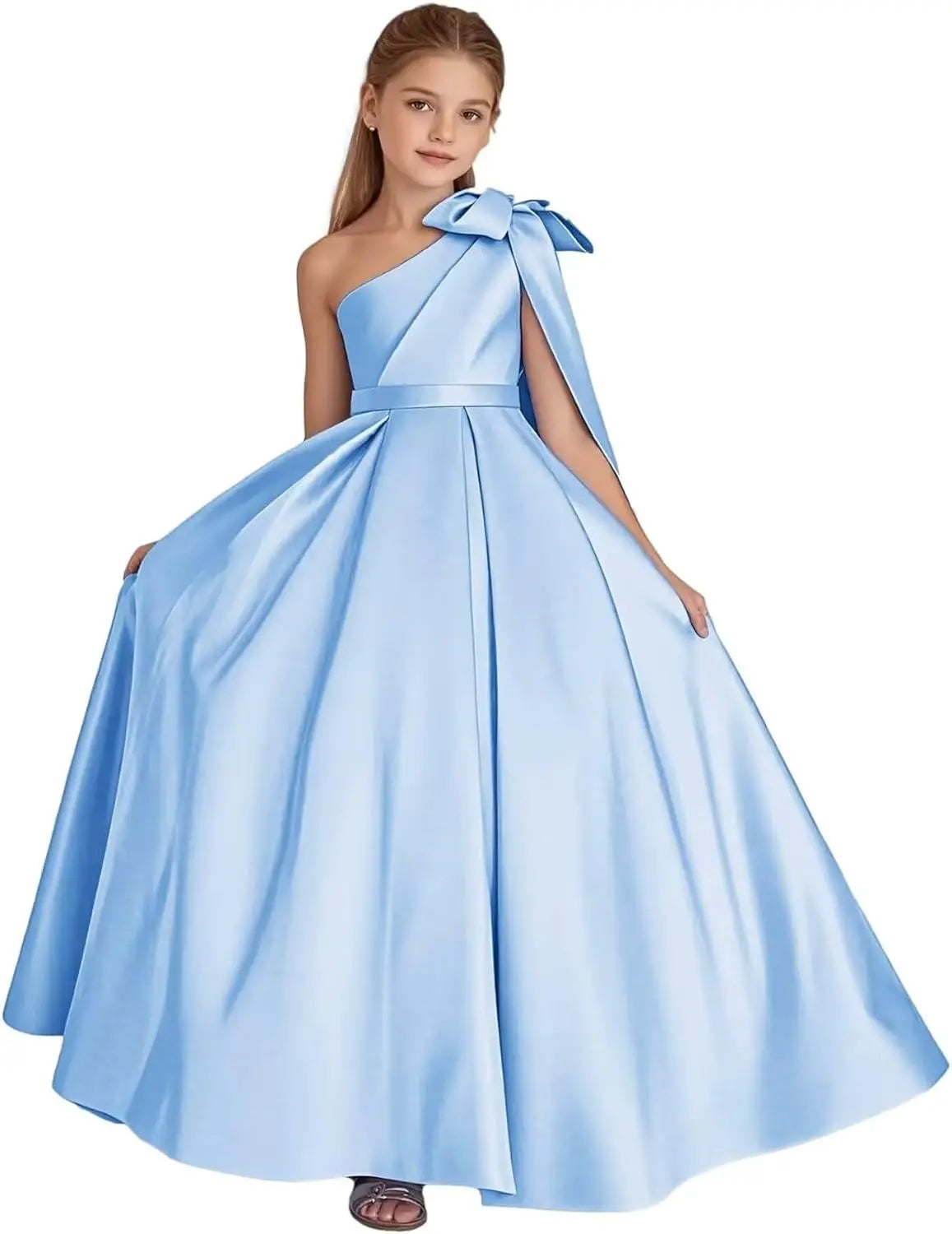 One-Shoulder-Satin-Blumenmädchenkleider, lange Festzugskleider für Mädchen, Ballkleid mit Schleife, Prinzessinnenkleid, Partykleider