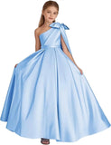 One-Shoulder-Satin-Blumenmädchenkleider, lange Festzugskleider für Mädchen, Ballkleid mit Schleife, Prinzessinnenkleid, Partykleider
