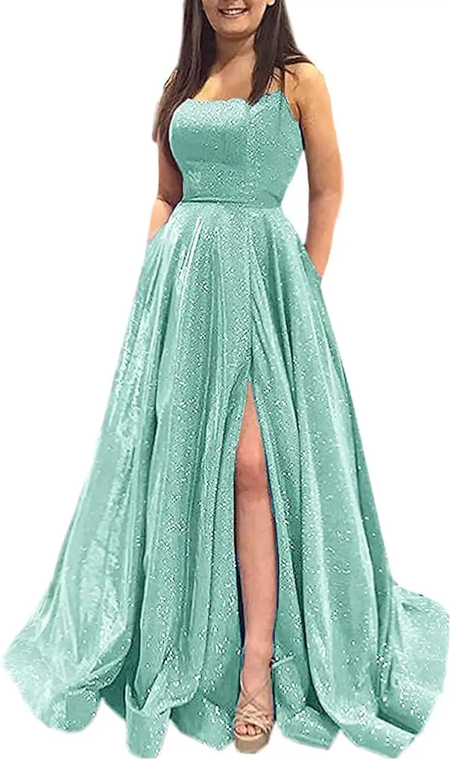 Vestidos de fiesta con purpurina para mujer, 2025, con tirantes finos abiertos, largos, formales, para noche, boda, fiesta, baile, con bolsillos 