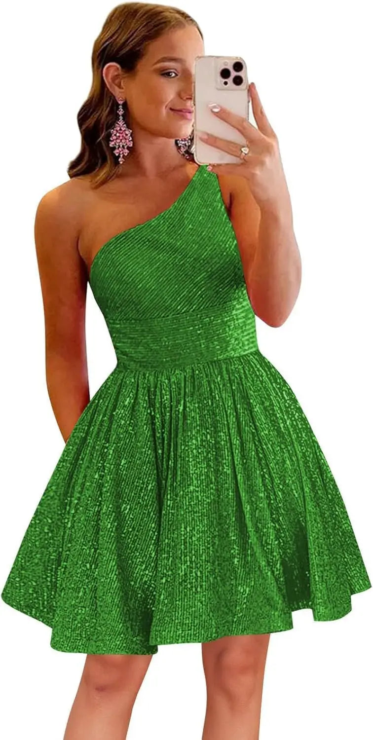 Vestido de fiesta corto con lentejuelas y un hombro brillante para mujeres y niñas. 