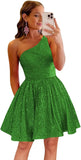 Vestido de fiesta corto con lentejuelas y un hombro brillante para mujeres y niñas. 