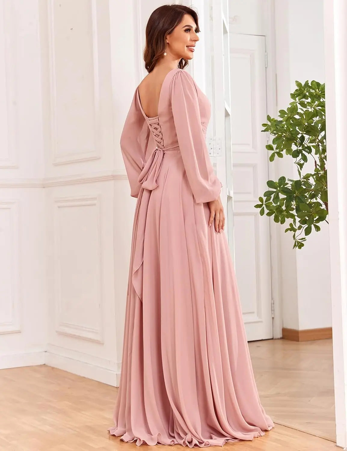 Damen Langarm Brautjungfernkleider mit Taschen Split Plissee Chiffon Formales Abendkleid Partykleid formelles Kleid Frauen elegant 