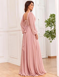 Damen Langarm Brautjungfernkleider mit Taschen Split Plissee Chiffon Formales Abendkleid Partykleid formelles Kleid Frauen elegant 