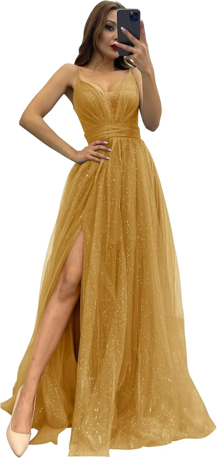 2025 Sparkly Tulle Formal Prom Dress Pleated A-Line Ball Gown with Spaghetti Straps Slit for Women Evening Dresses