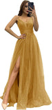 2025 Sparkly Tulle Formal Prom Dress Pleated A-Line Ball Gown with Spaghetti Straps Slit for Women Evening Dresses