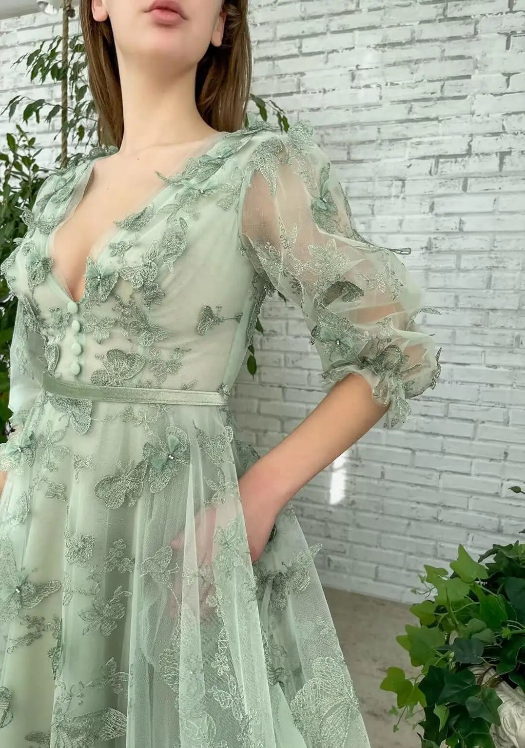 Damen Ballkleid mit Puffärmeln, 3D-Schmetterling, langer V-Ausschnitt, Tüll, Ballkleid, formelles Abendkleid 