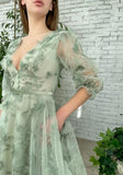 Damen Ballkleid mit Puffärmeln, 3D-Schmetterling, langer V-Ausschnitt, Tüll, Ballkleid, formelles Abendkleid 