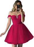 Vestidos de fiesta de tul brillante con hombros descubiertos, vestidos de fiesta cortos para adolescentes, vestido de cóctel de corte A con escote en forma de corazón y vuelo. 